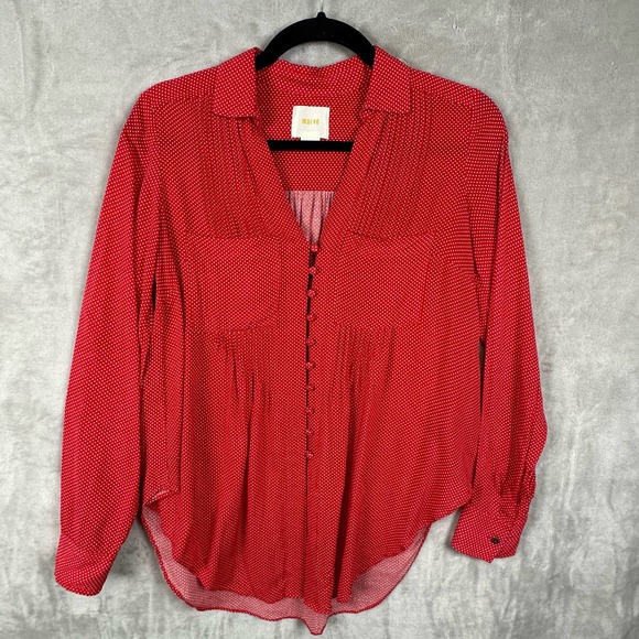 Maeve Anthropologie Shirt Womens Extra Small Red White Polka Dot Matilda Tie - Picture 2 of 13